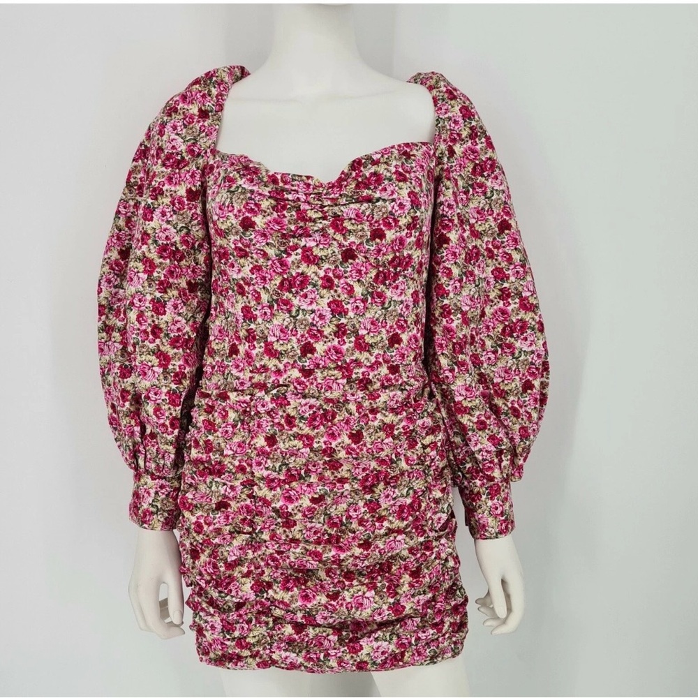 NWT Nasty Gal Floral Roses  Balloon Sleeve Ruched Mini Dress S 4 Cotton Boho